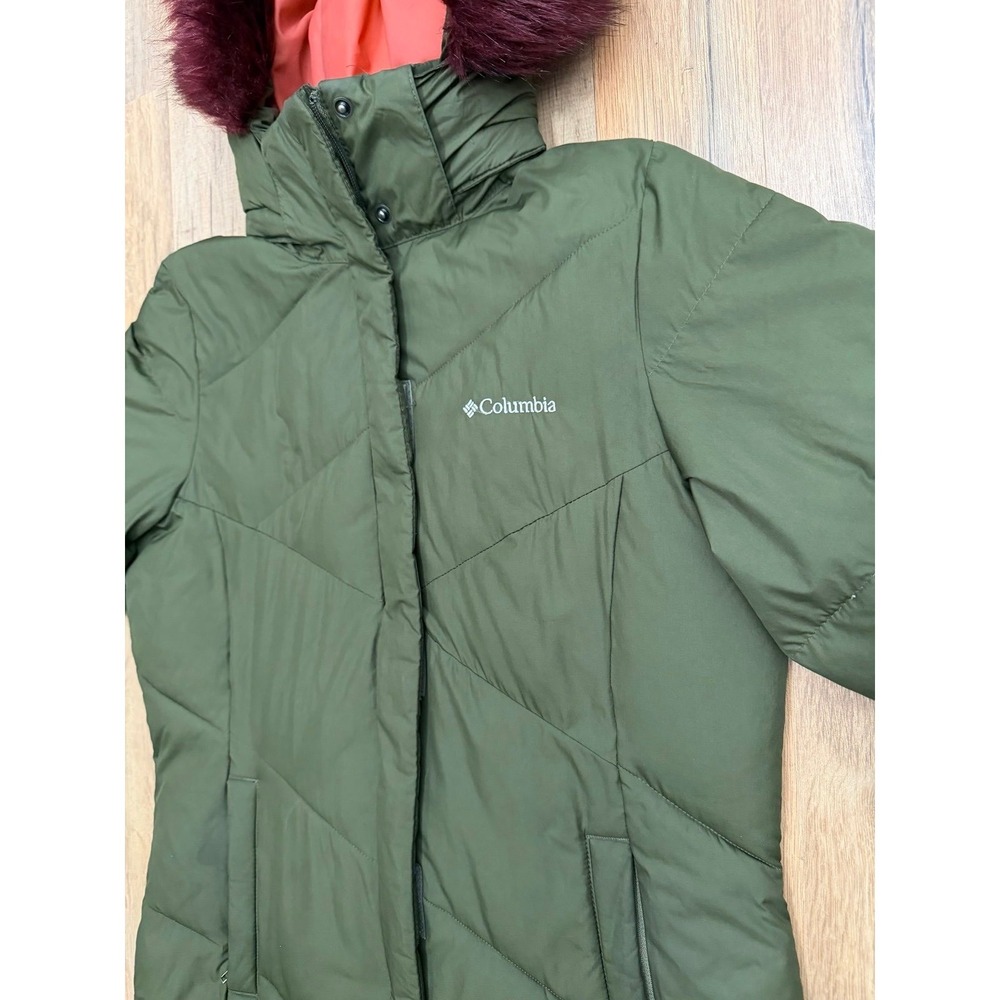 Columbia Women's Medium Green Long Puffer Coat Faux Fur Hood Omni-Shield Winter - Picture 10 of 13
